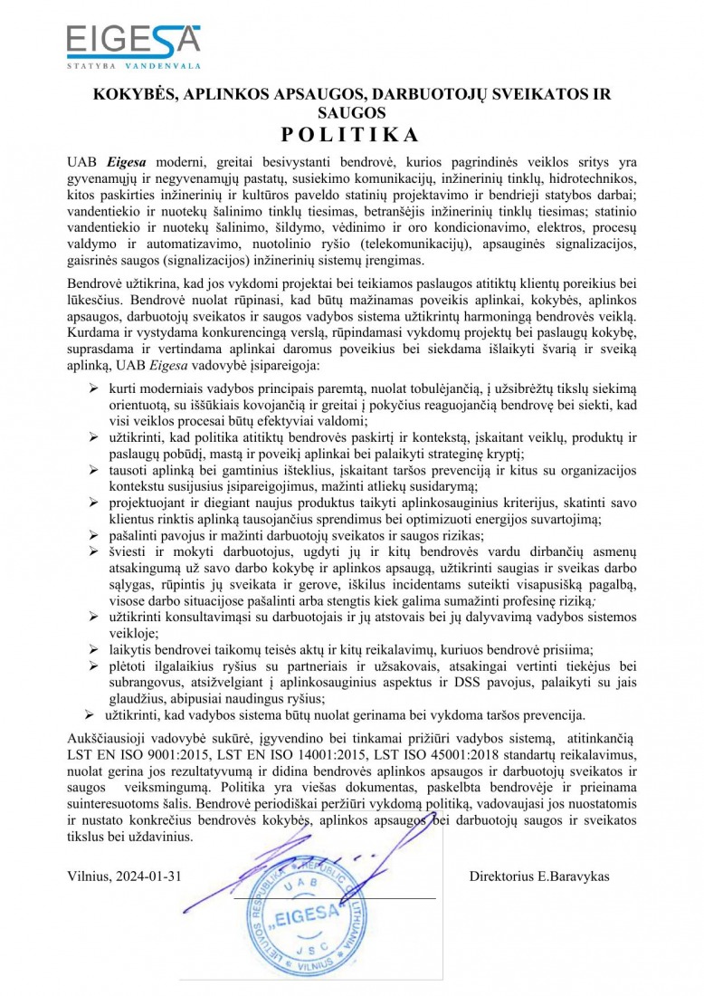 Kokybės, aplinkos apsaugos, darbuotojų sveikatos ir saugos politika